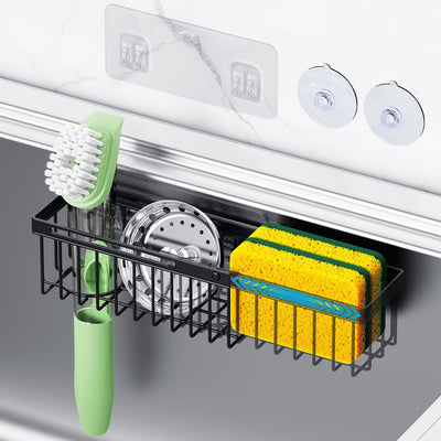 Organizador extensible para fregadero de cocina con soporte desmontable de esponja y ventosas - negro