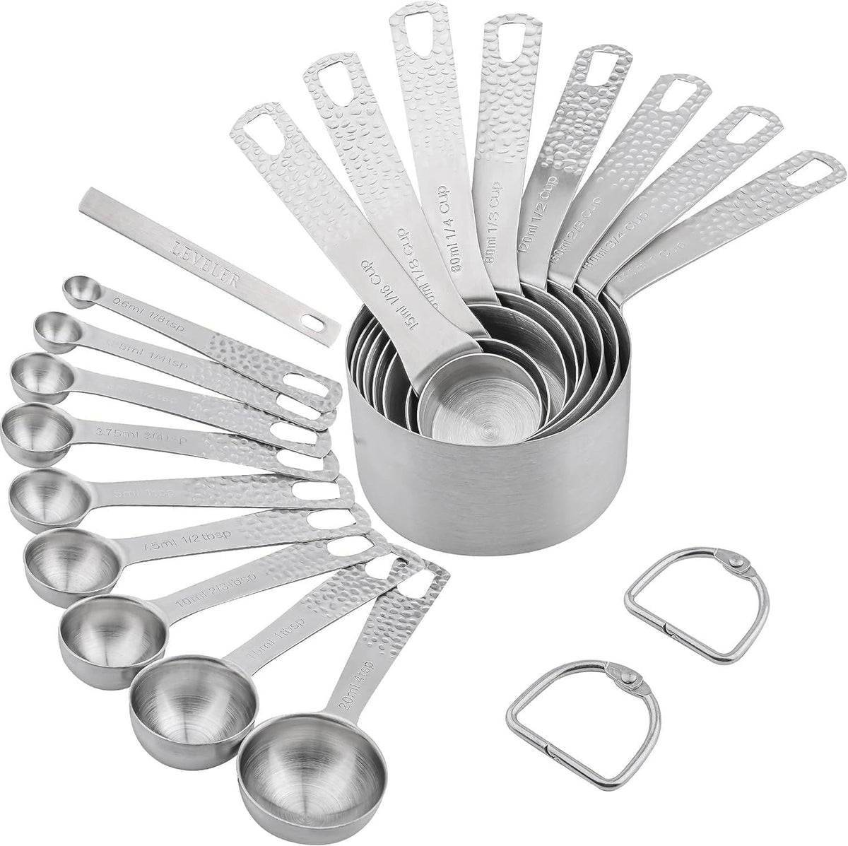 Juego 18 tazas y cucharas acero inox 18/8 para seco y líquido