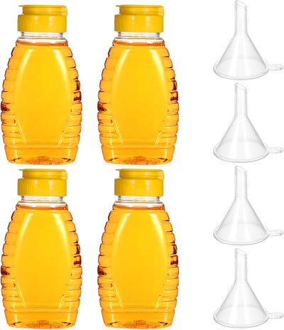 Jarras de miel vacías con embudo plástico transparente dispensador con tapa reversible 4 piezas