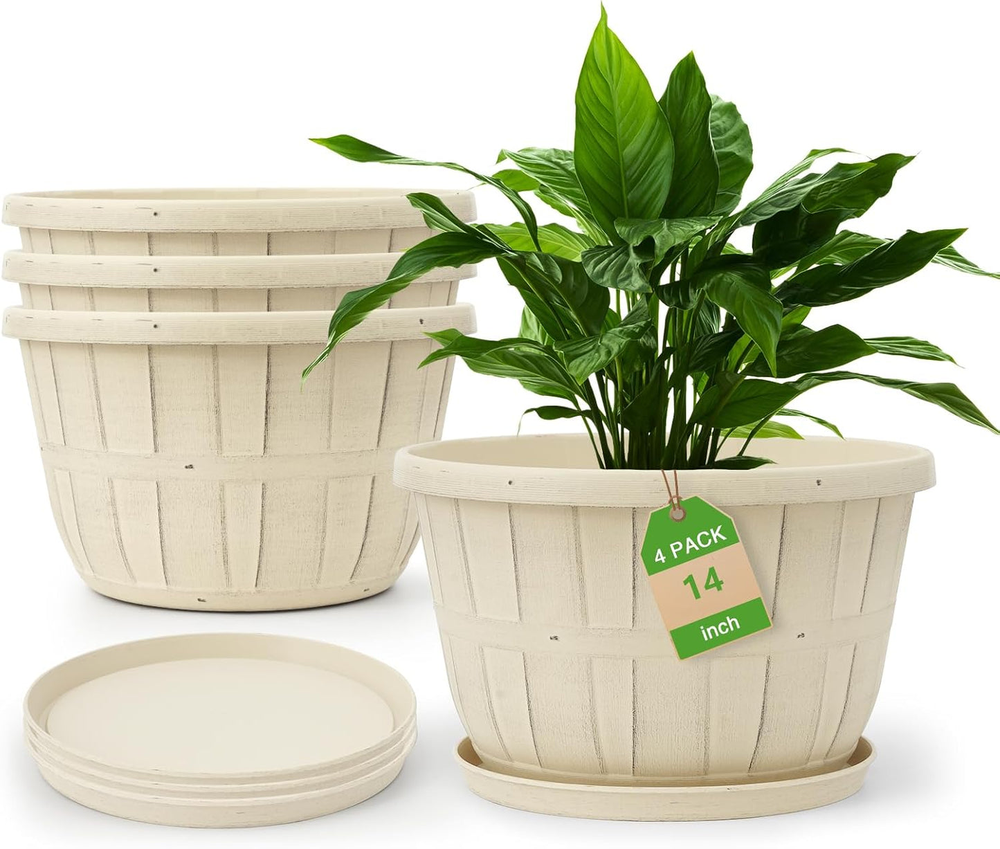 Maceta plástico 14" set 4 con platillo blanco