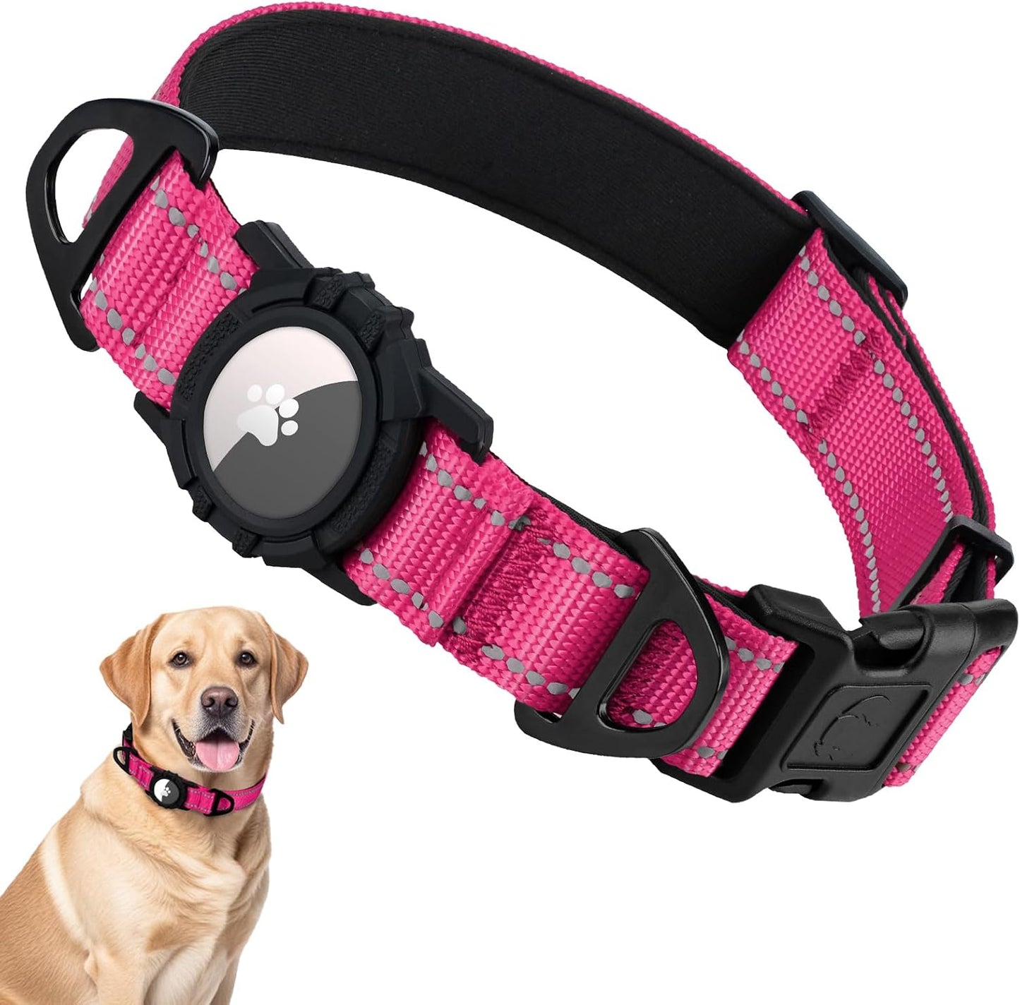 Collar reflectante perros AirTag anillos D ajustable rosa talla L