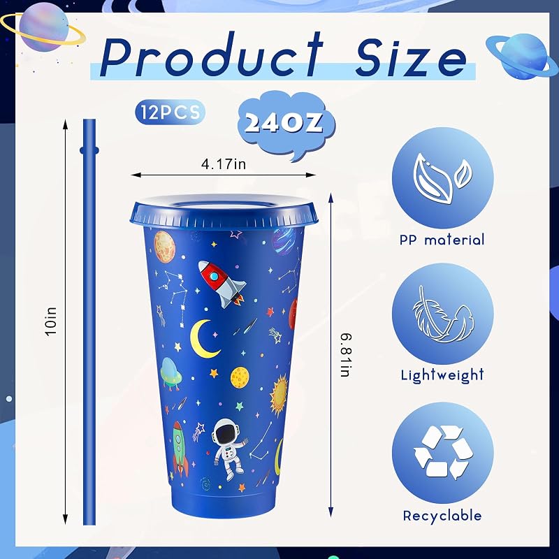 12 Vasos Plástico Fiesta Espacial con Tapa Pajilla 24oz