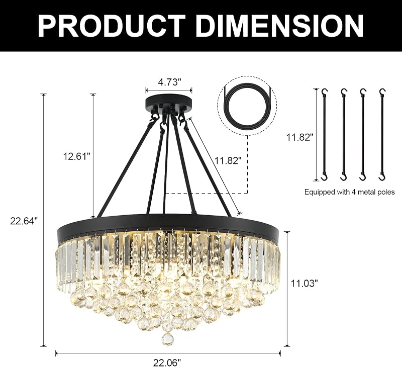 Candelabro cristal negro 9 luces 22pulg moderno colgante