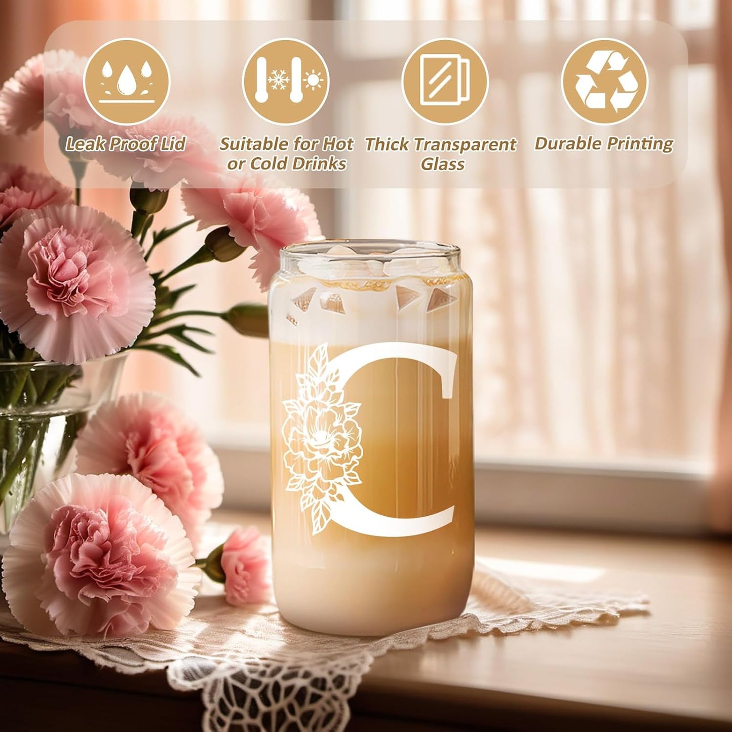Taza Vidrio 16oz con Tapas y Popote Regalo Personalizado