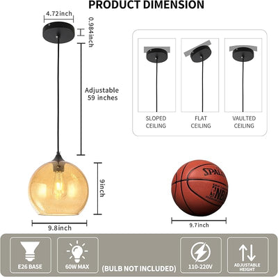 Lámpara colgante moderna de globo cristal ámbar 9.8pulg