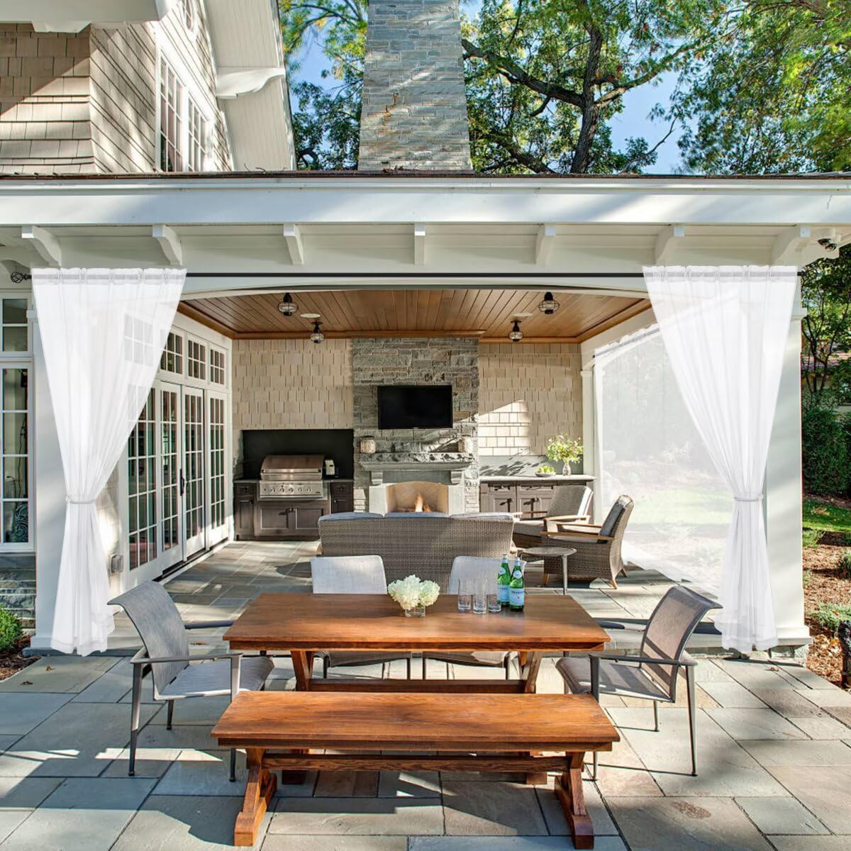 6 Cortinas lino blanco impermeables para patio con bolsillo