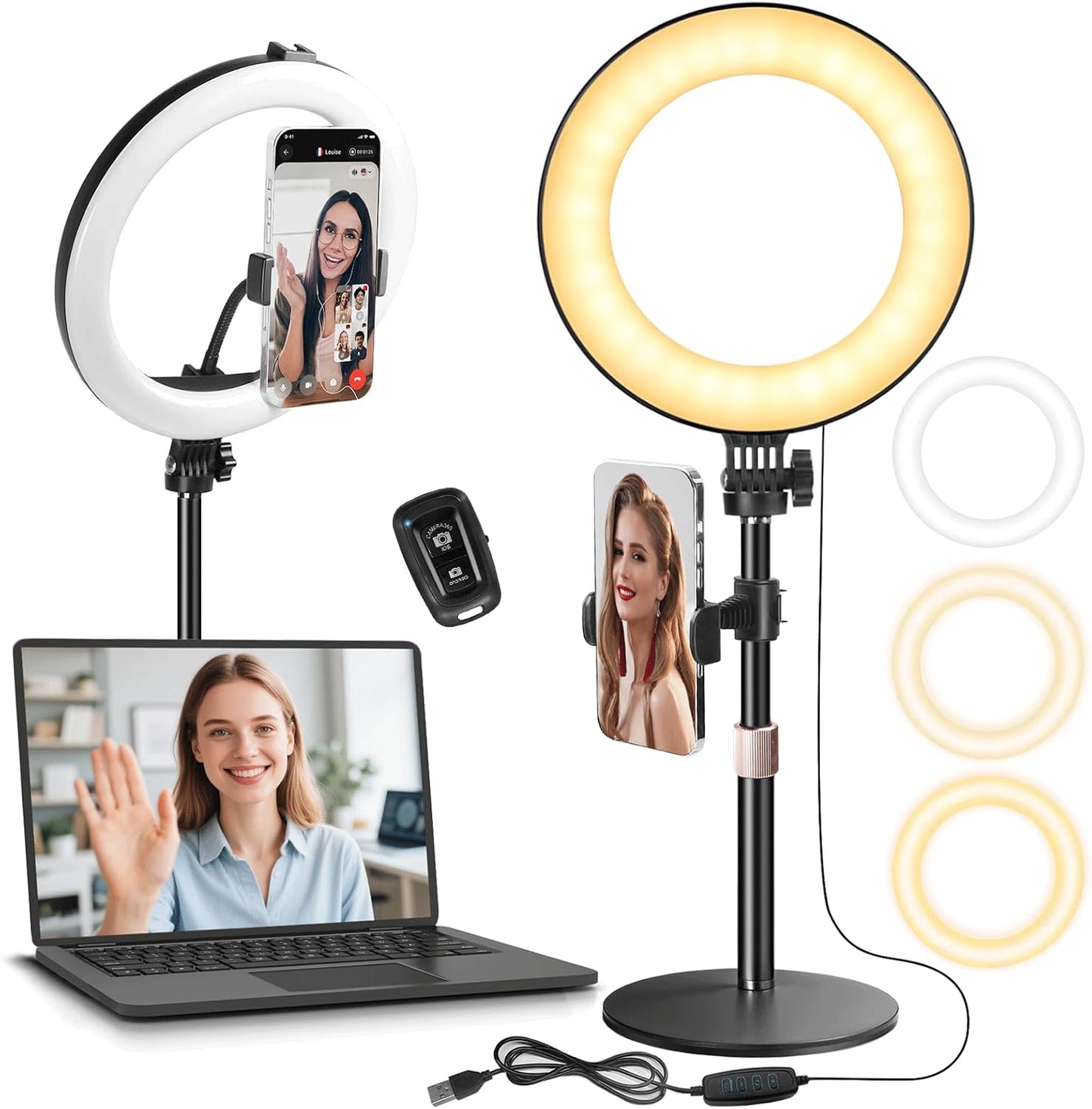 Luz escritorio 10pulg soporte LED halo para Zoom y laptop