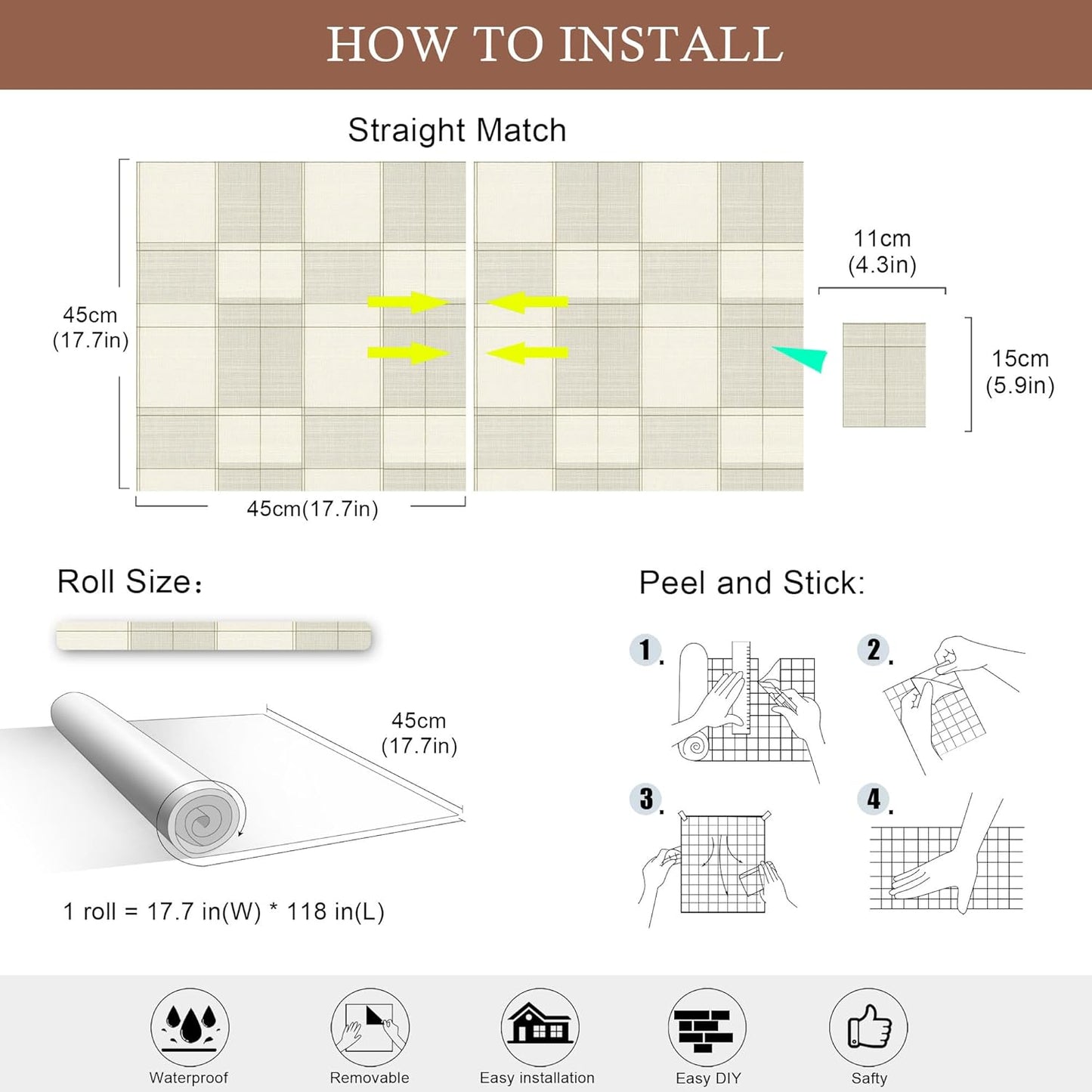 Papel pintado cuadros neutros autoadhesivo impermeable 17.7x118pulg