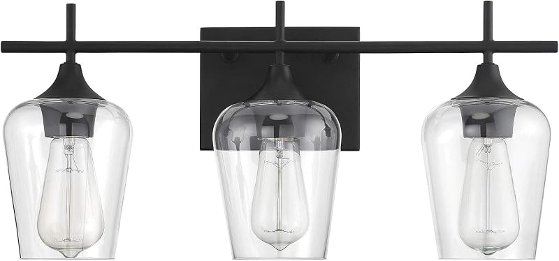 Lámpara baño 3 luces negro vidrio transparente 21pulg