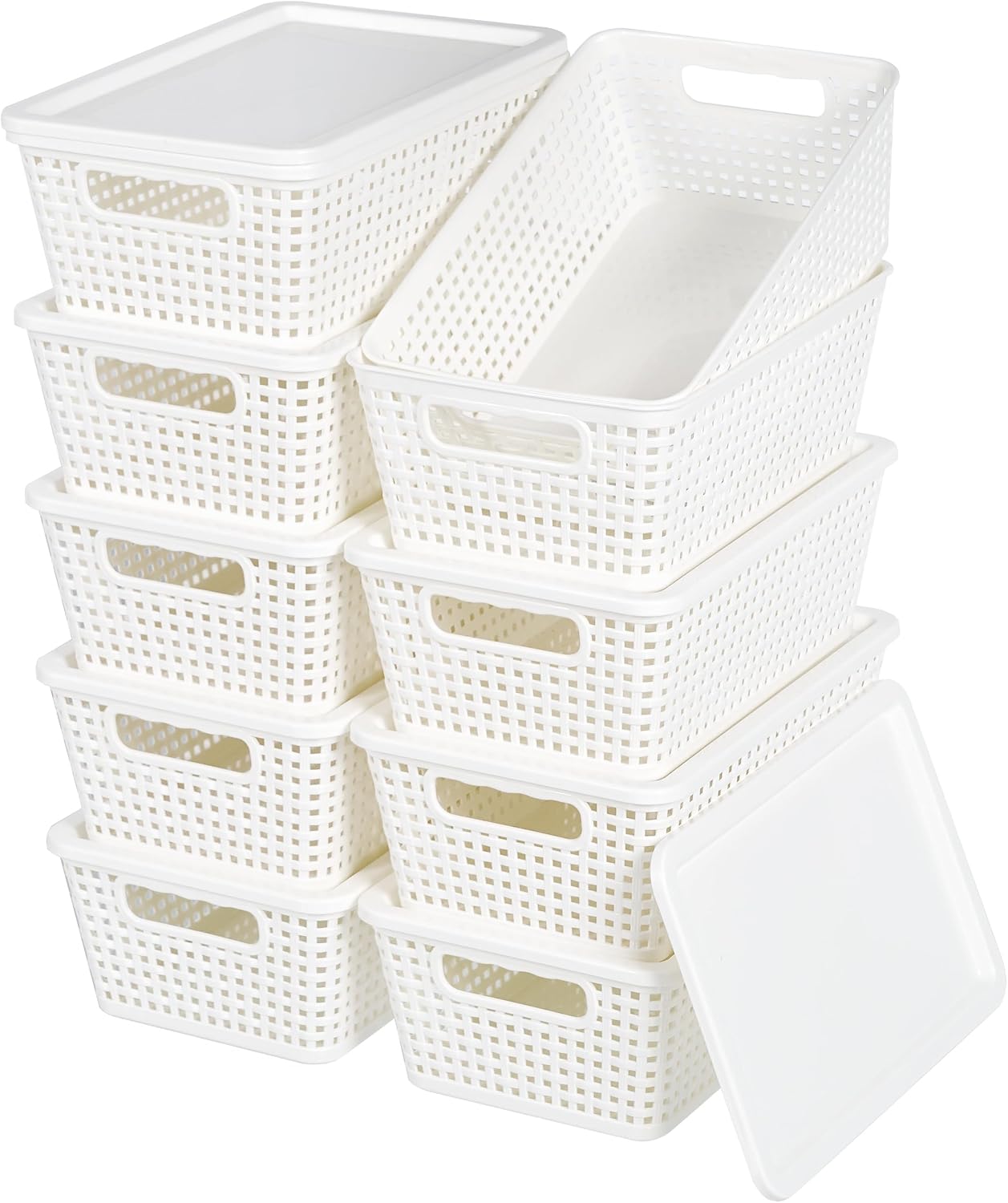 Cestas plástico con tapa apilables para estantes y cajones
