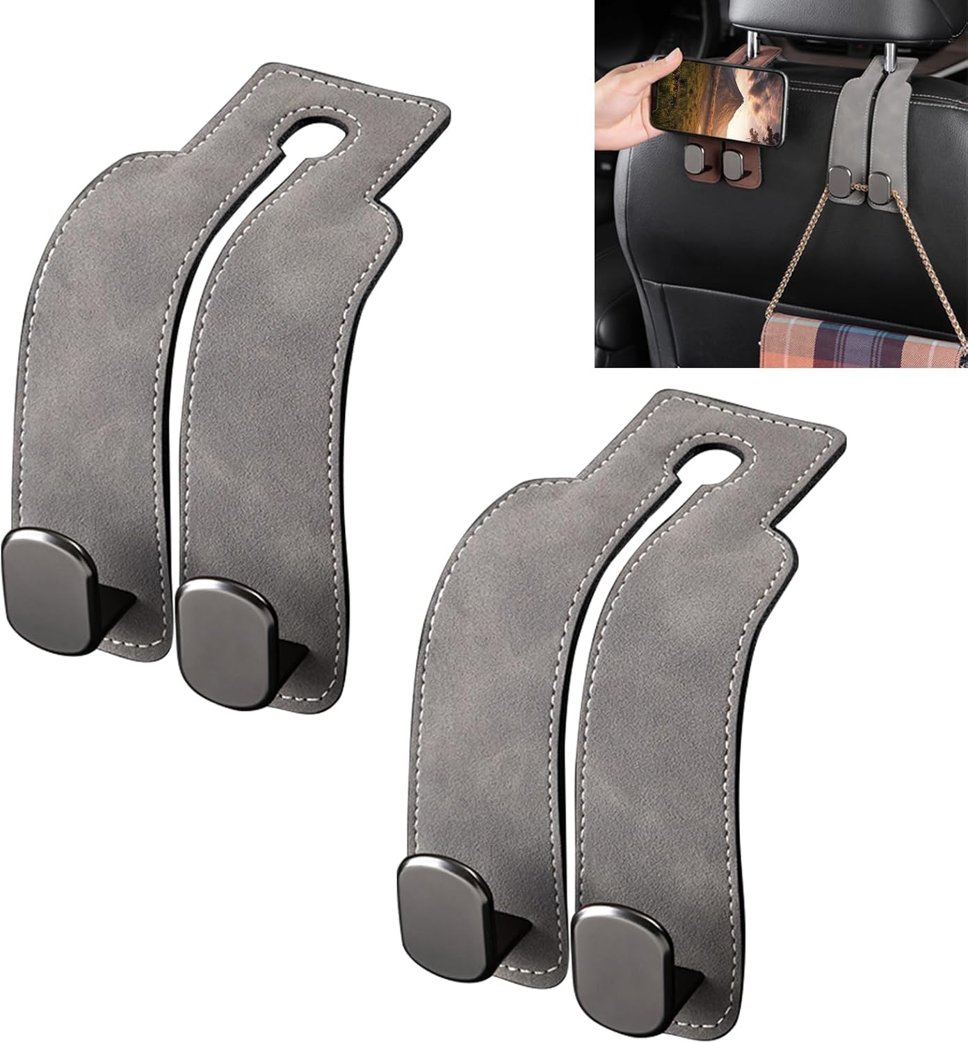 Ganchos cuero para reposacabezas y asiento trasero gris 2uds