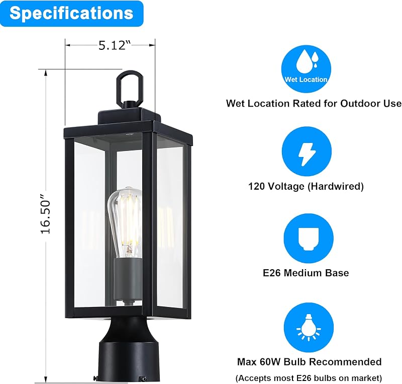 Luz poste exterior aluminio vidrio E26 2 Pzas
