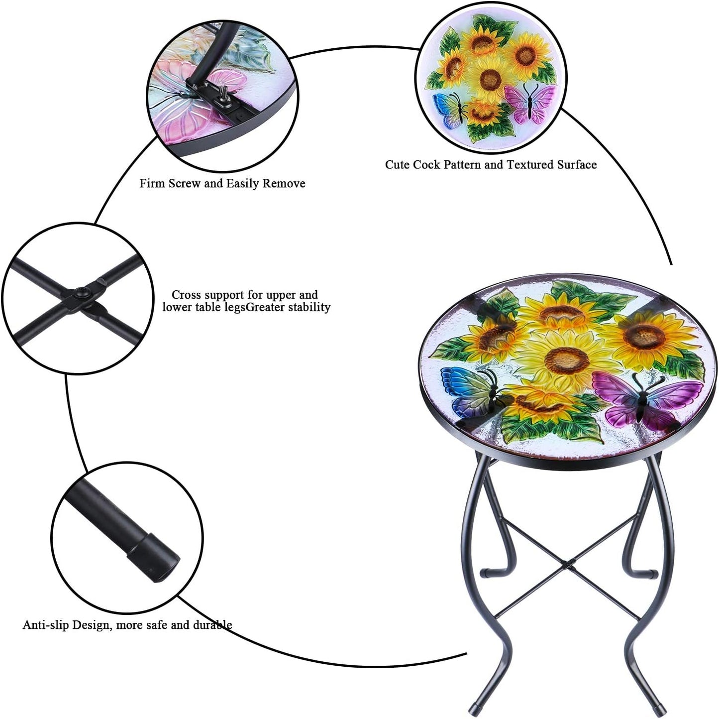 Mesa auxiliar redonda cristal 14" soporte plantas girasol