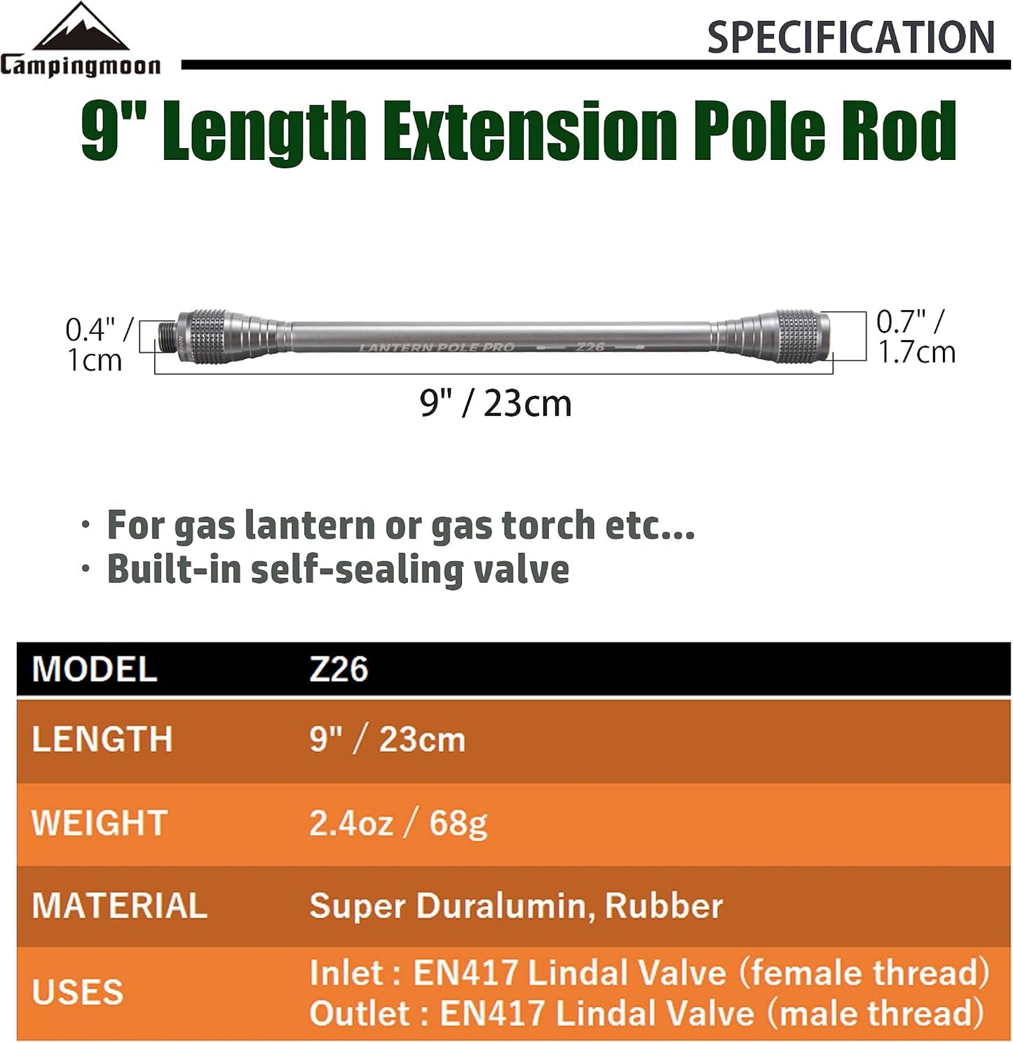 Barra extensión linterna camping 4.7/9 pulg Z27/Z26