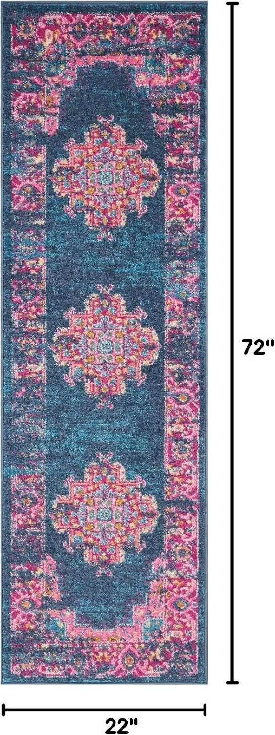 Alfombra estilo bohemio 1'10"x6' azul para dormitorio