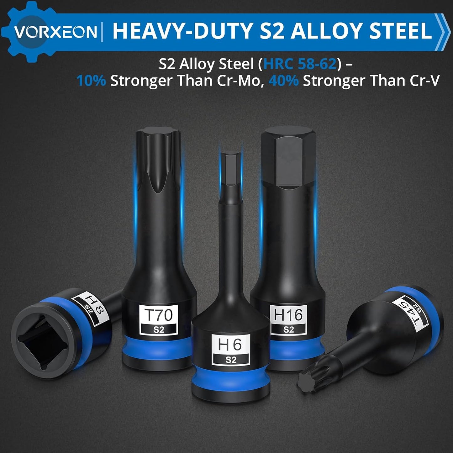 Set 20 llaves impacto Allen Hex Torx Star S2 acero 1/2pulg