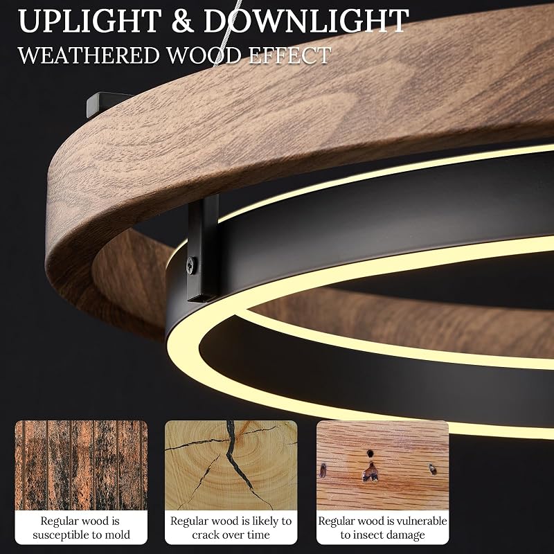 Candelabro LED 2 Anillos Regulable Negro Madera Nogal