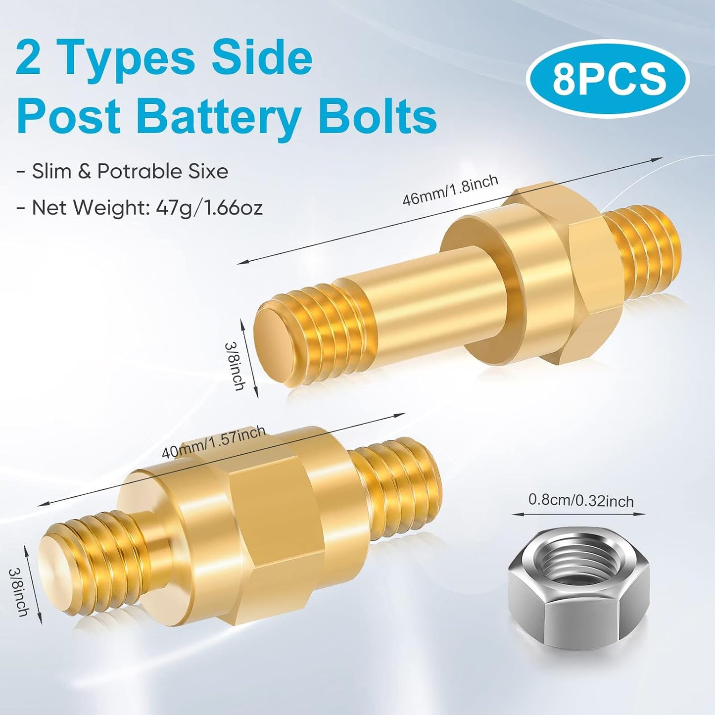 8 Pzas Perno Terminal Batería 3/8" Extensor Poste Automotriz