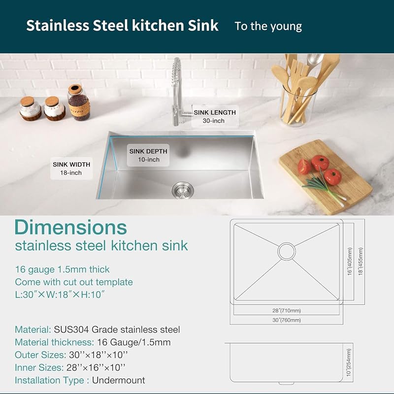 Fregadero bajo cocina 30" acero inox 304 cuenca 10"