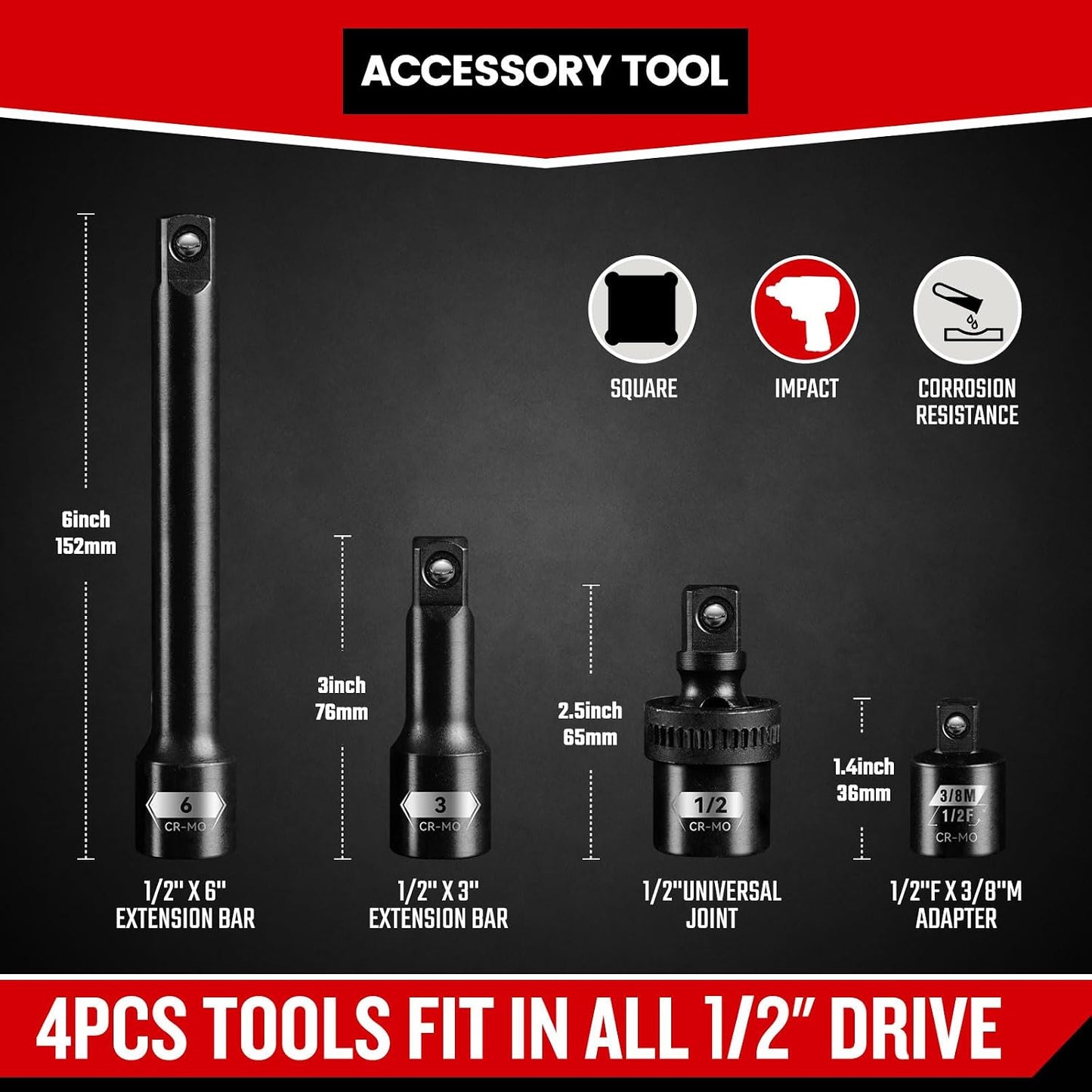 Set 4 barras impacto 1/2" adaptador F x 3/8