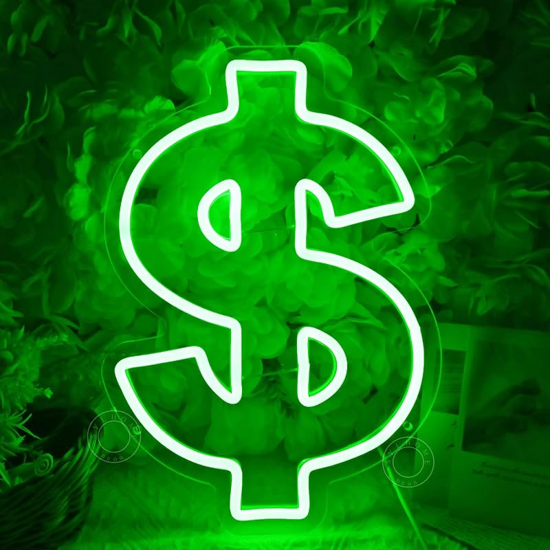Letrero neón LED diseño dólar verde 13.78x9.65pulg
