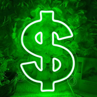 Letrero neón LED diseño dólar verde 13.78x9.65pulg