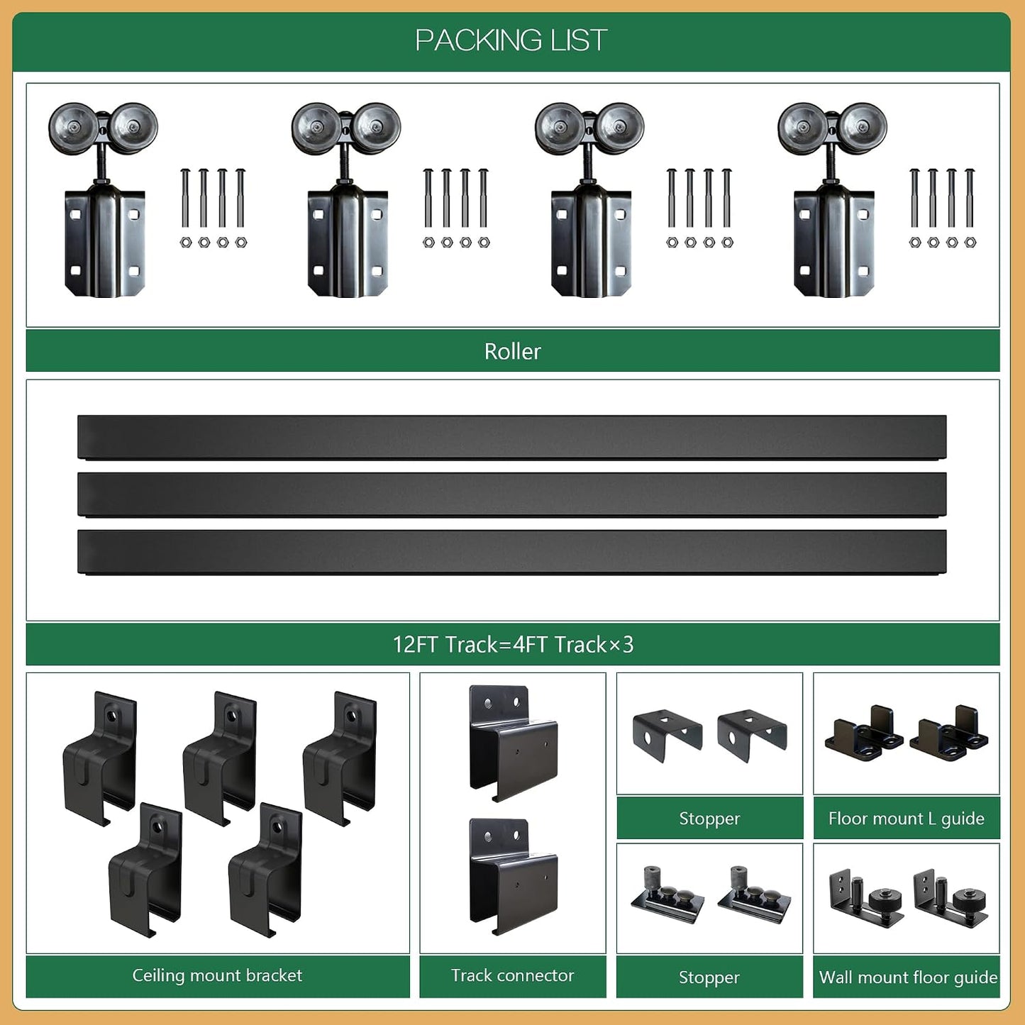 Kit riel doble puerta industrial negro 12ft carga 300lb
