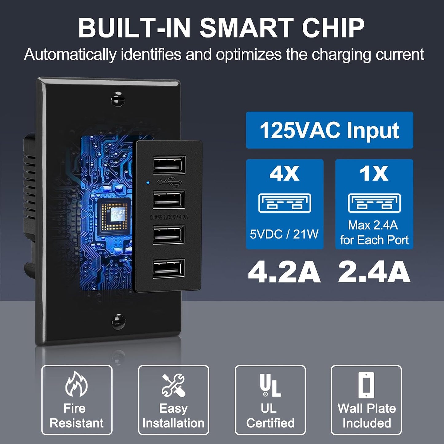 Tomacorriente pared con 4 puertos USB 4.2A LED