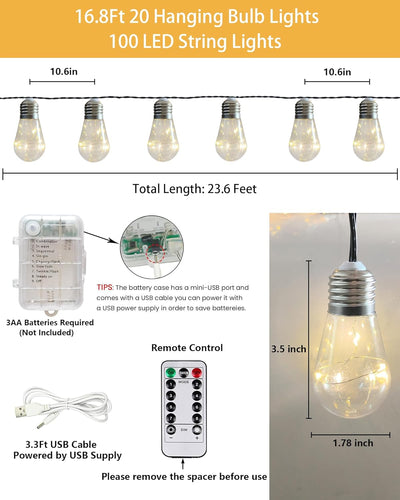 Tira luces LED 16.8pies 20 bombillas Edison 8 modos