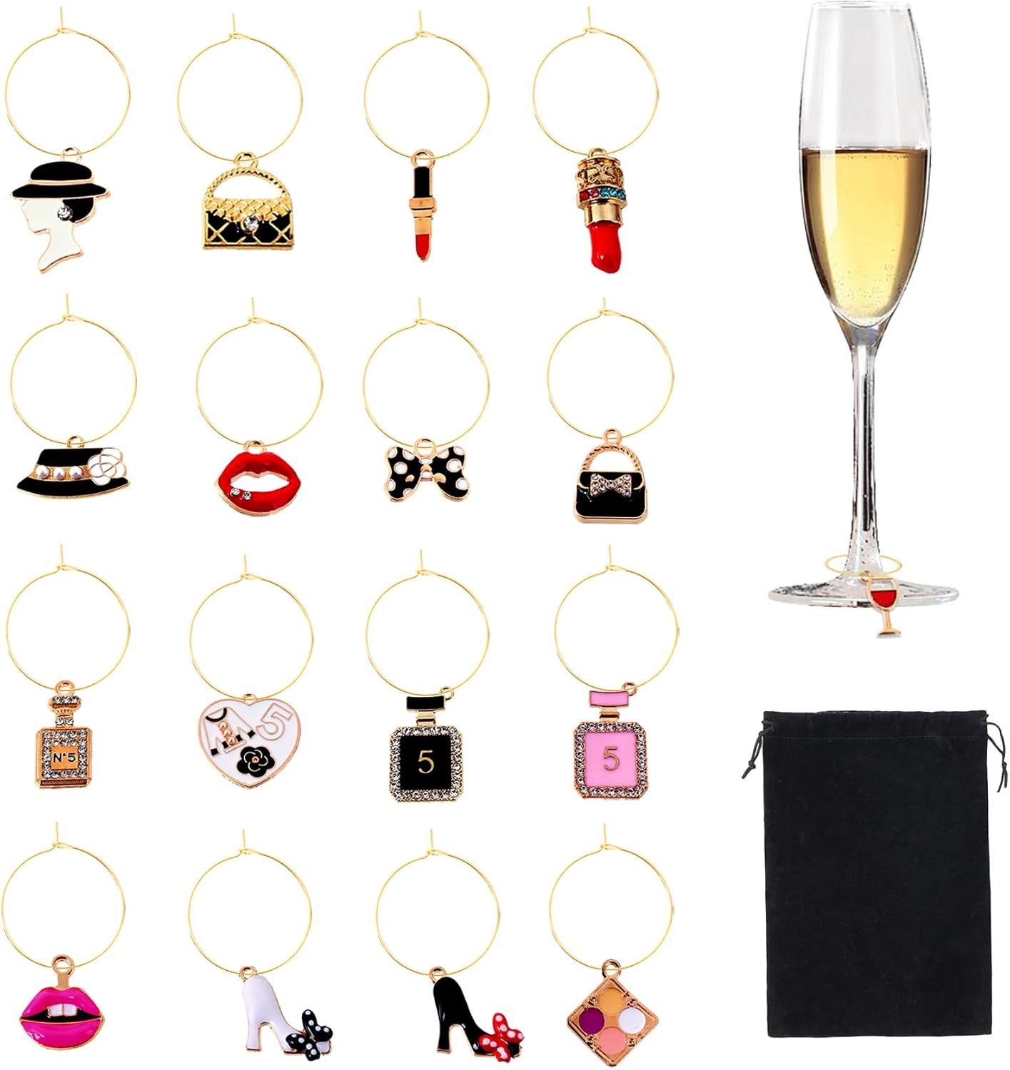 Dijes para copas de vino con anillos dorados para fiestas