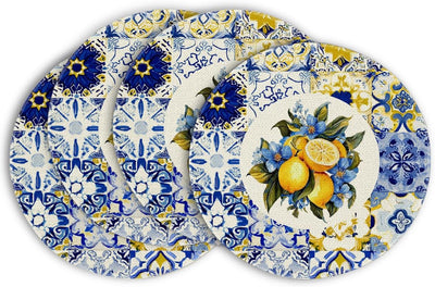 Manteles individuales redondos de porcelana azul limón y blanco 14" para fiestas
