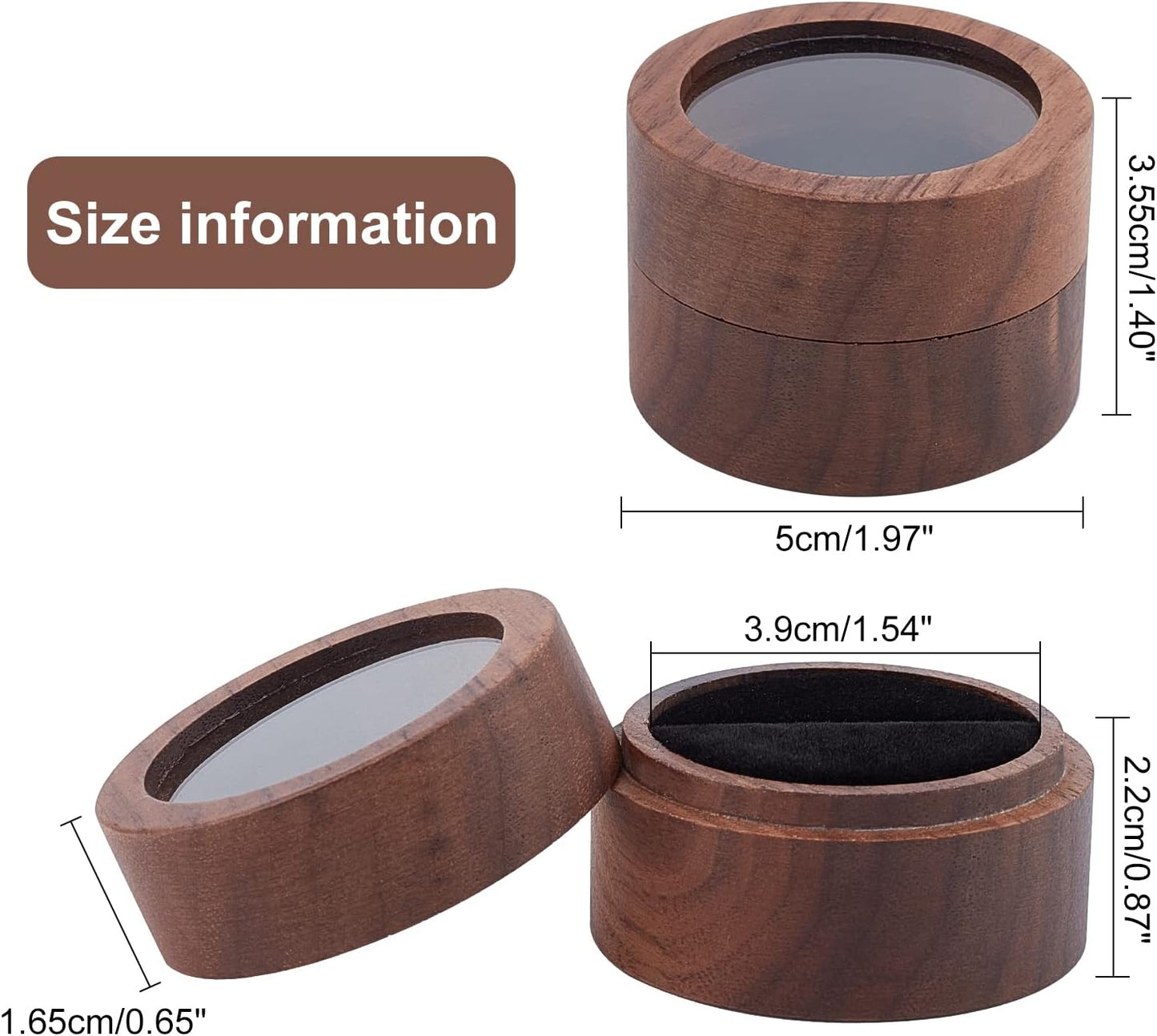 Caja anillos madera nogal 2x1.4" redonda terciopelo negro