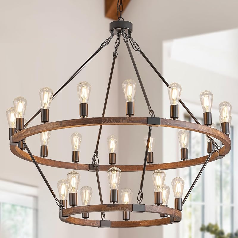 Candelabro madera rueda vagón 2 niveles 43.3 luces negro