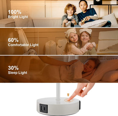 2 Lámparas Mesa Noche Control Táctil 3 Vías USB Blanca