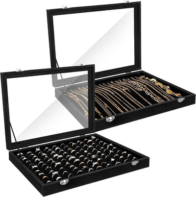Caja anillos 100 ranuras tapa vidrio terciopelo negro