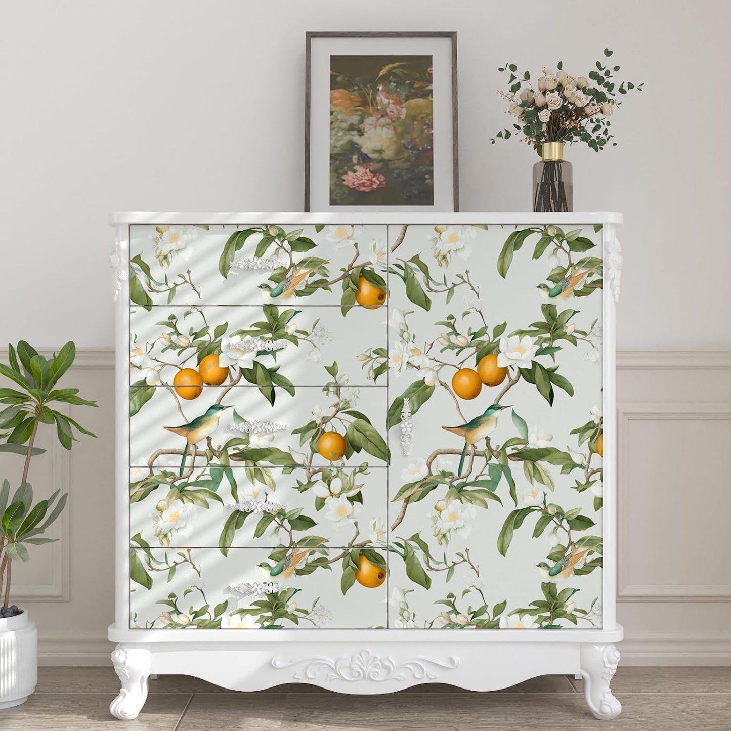 Papel tapiz floral beige autoadhesivo 17.5x393.7pulg vintage