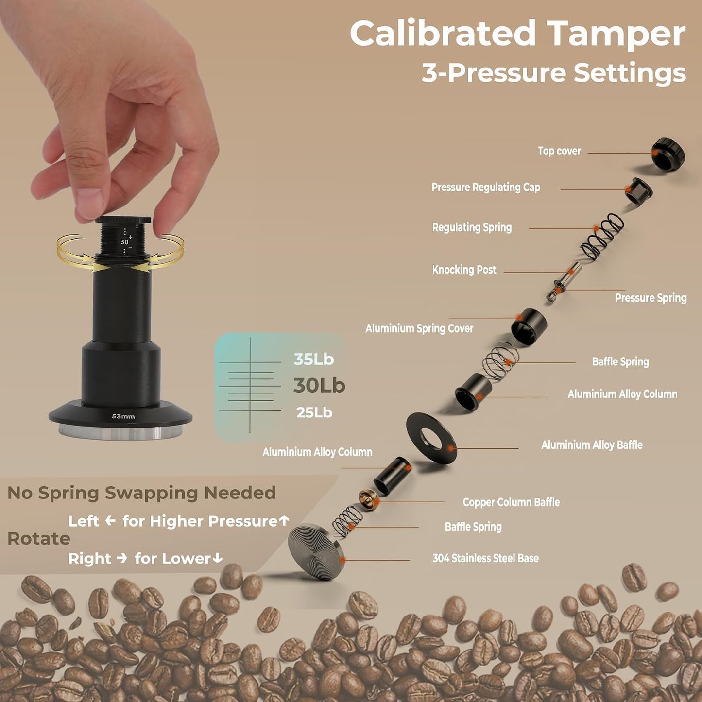 Tamper Espresso 2.087pulg 25/30/35lb base acero inox