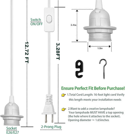 Kit enchufe luz colgante 16ft E26/E27 con interruptor 2 pzas blanco