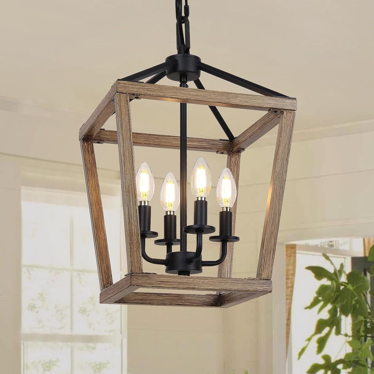 Lámpara araña rústica 4 luces con jaula metal y cadena E12