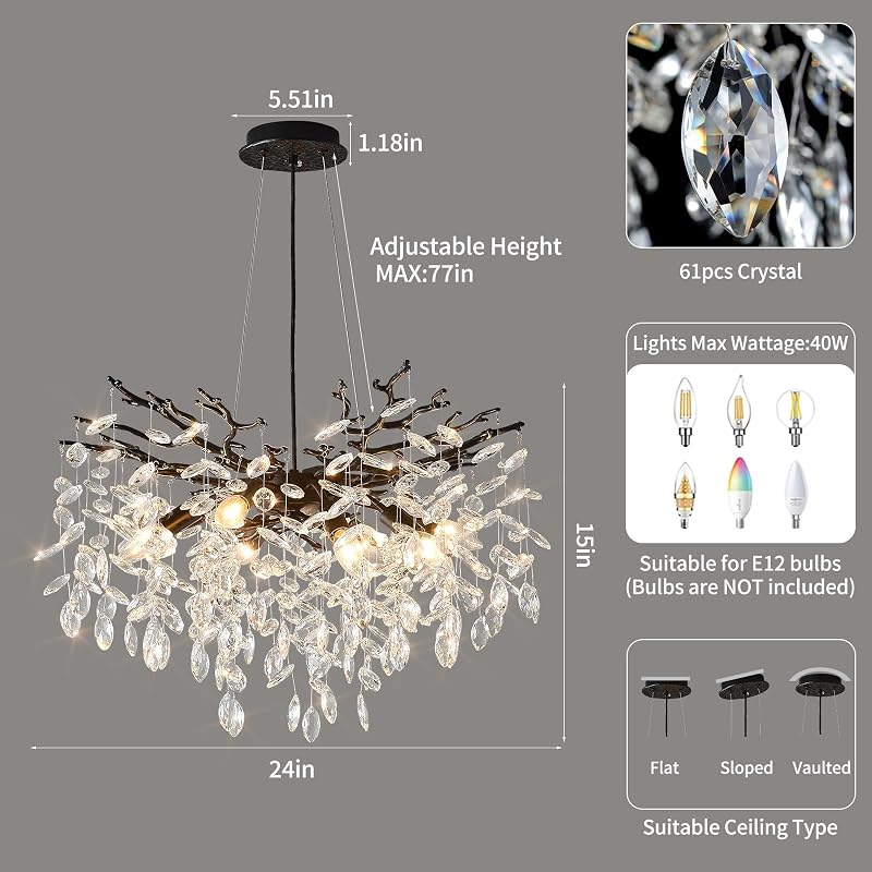Candelabro cristal negro 24" 8 luces E12