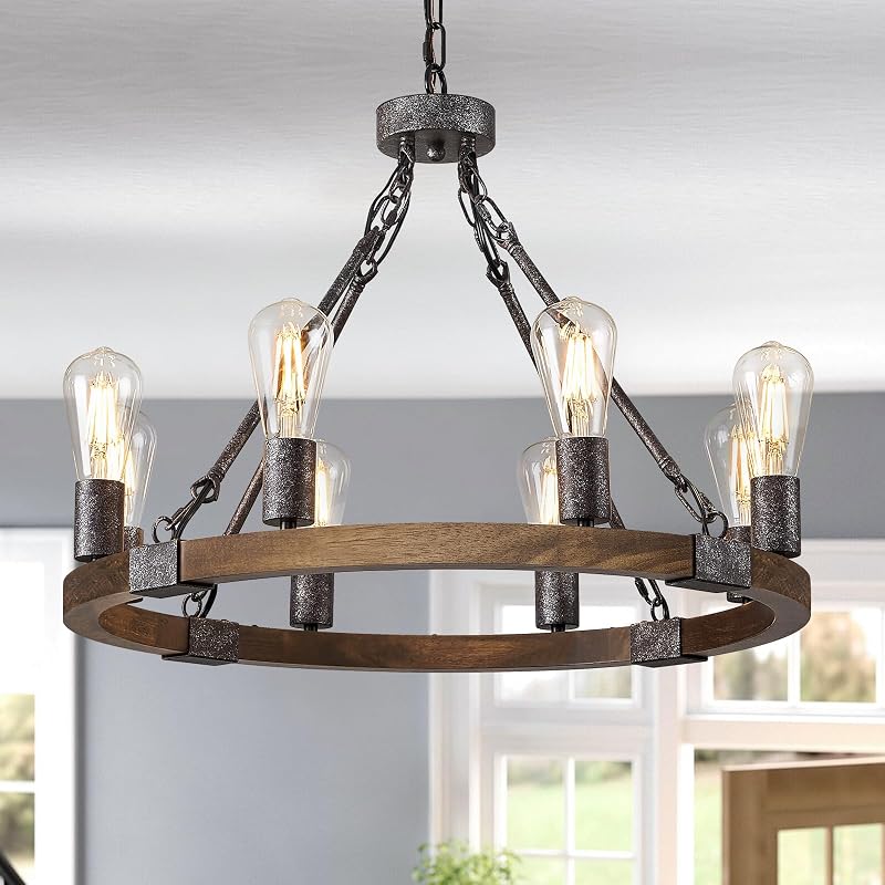 Candelabro rueda vagón madera 8 luces negra comedor cocina