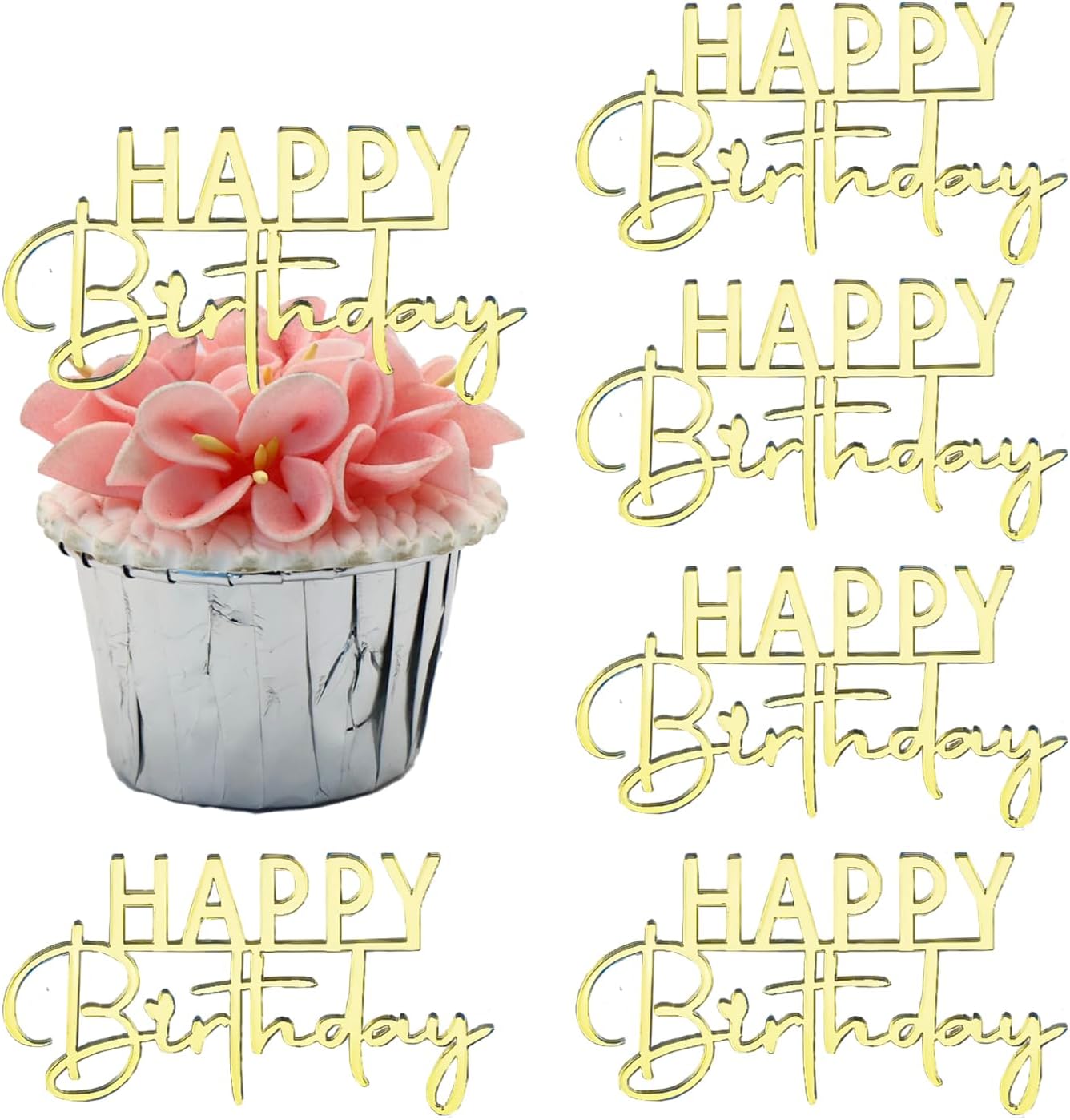 6 Adornos Acrílicos Espejo Cupcakes Dorado
