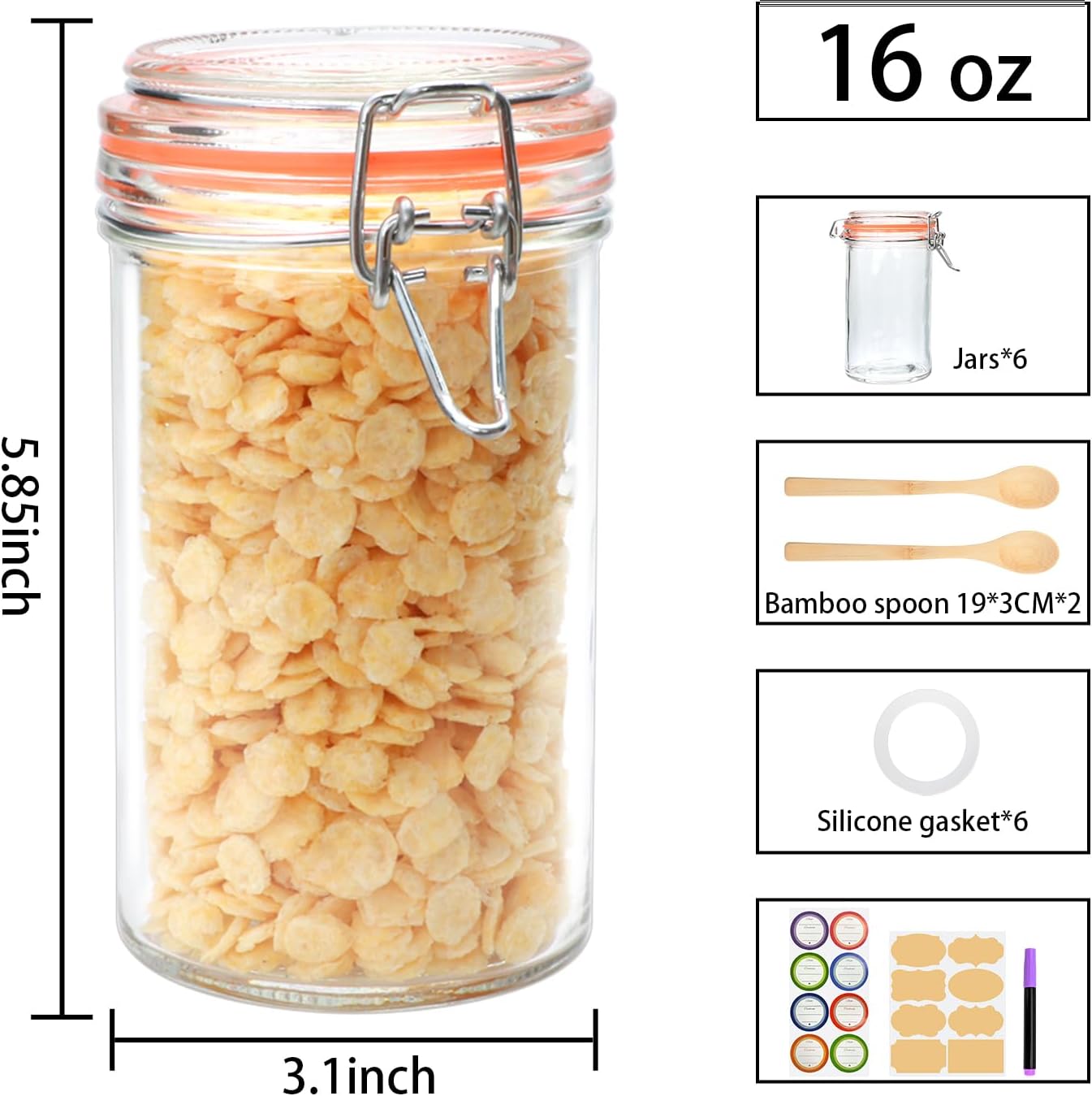 6 Pzas Tarros Vidrio 16oz Tapa Hermética Almacenamiento