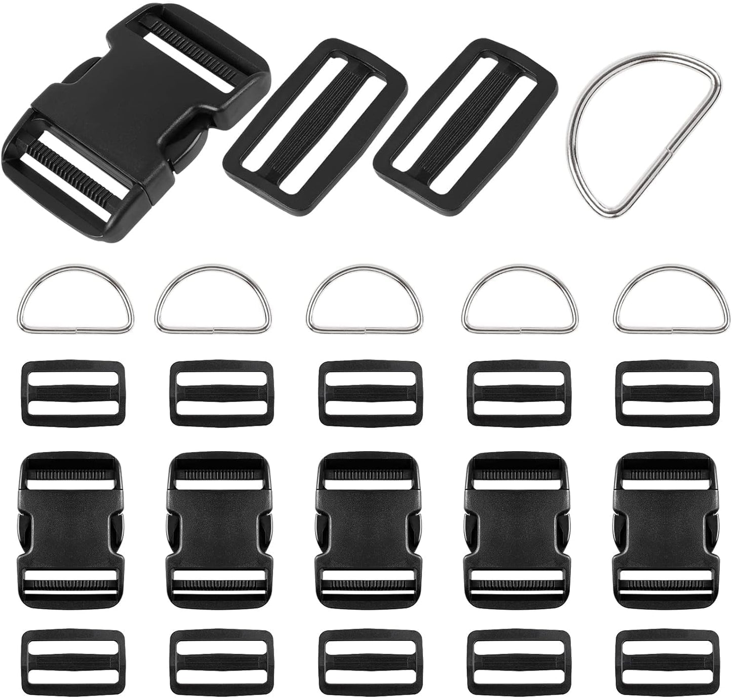 Set 6 hebillas plástico 1pulg y 12 deslizadores anillo D metal