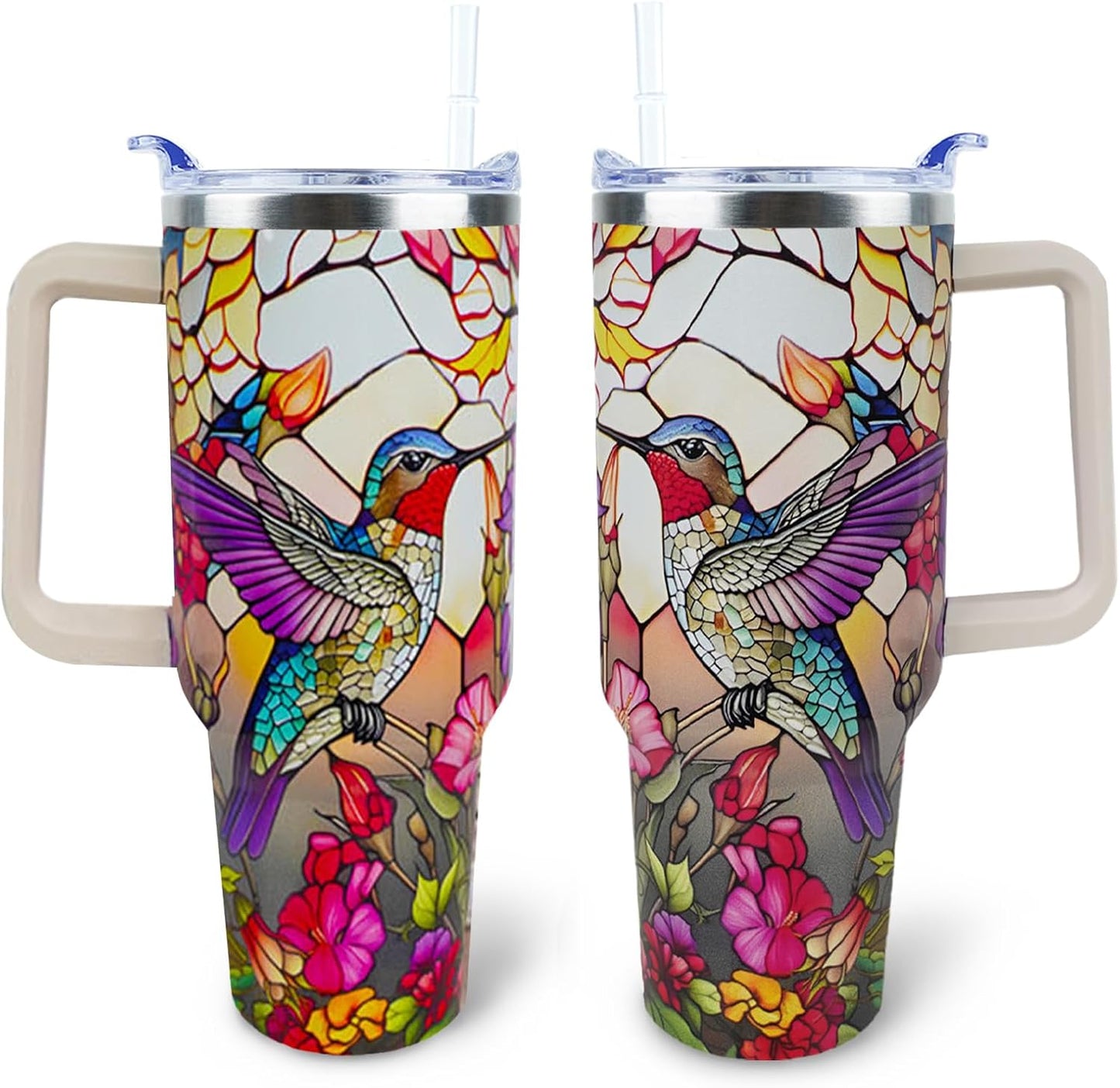 Vaso colibrí 40oz con asa tapa popote aislado regalo mujer