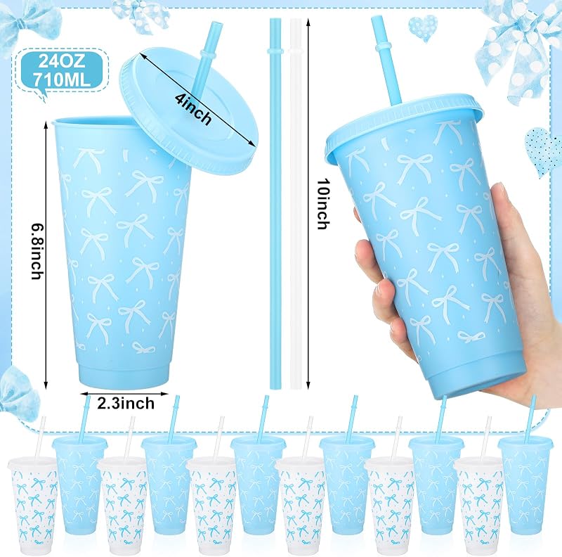 12 Vasos Plástico Lazo Azul 24oz Tapa Pajita Reutilizables