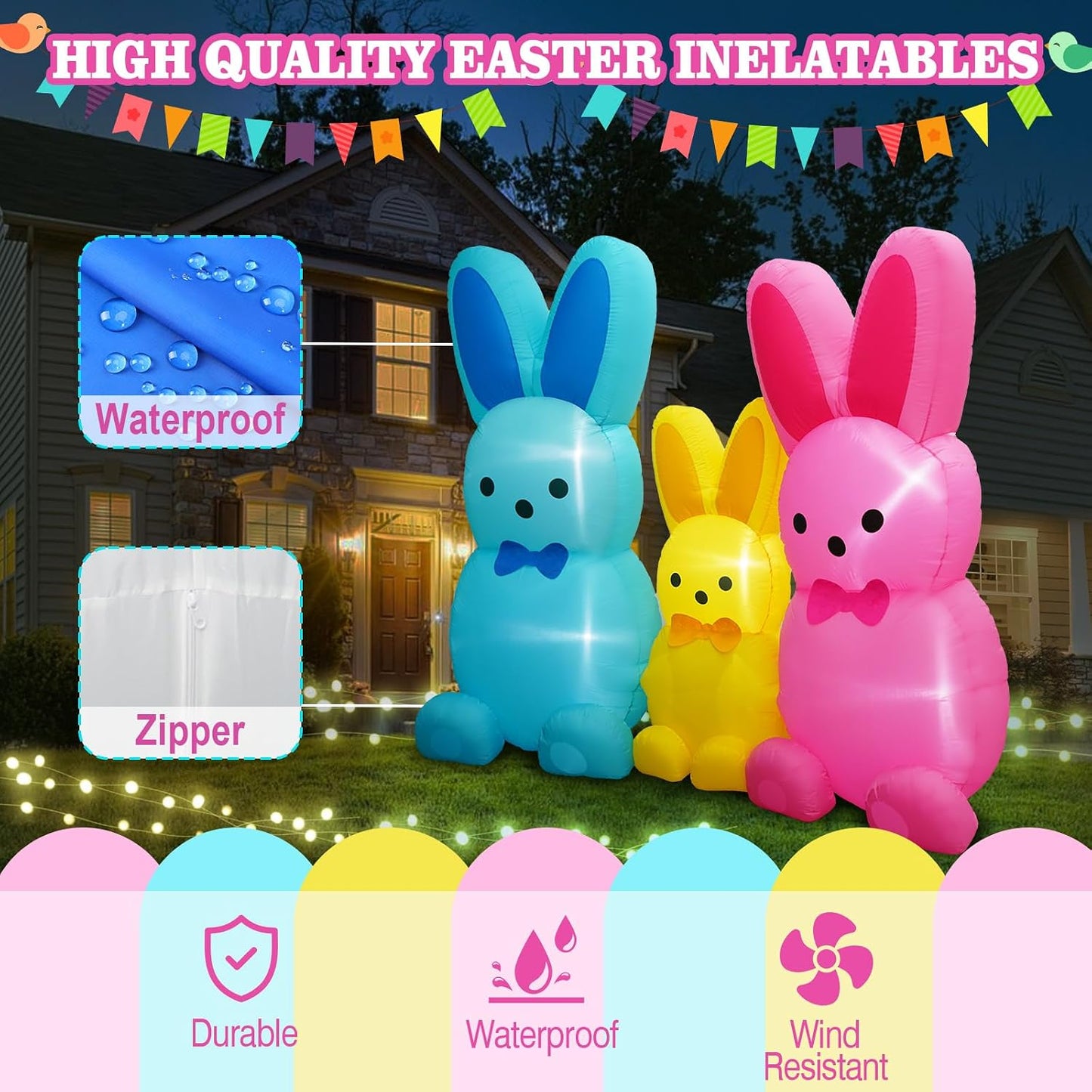 Inflable Pascua 3 Conejos Colores 6" LED para Fiesta