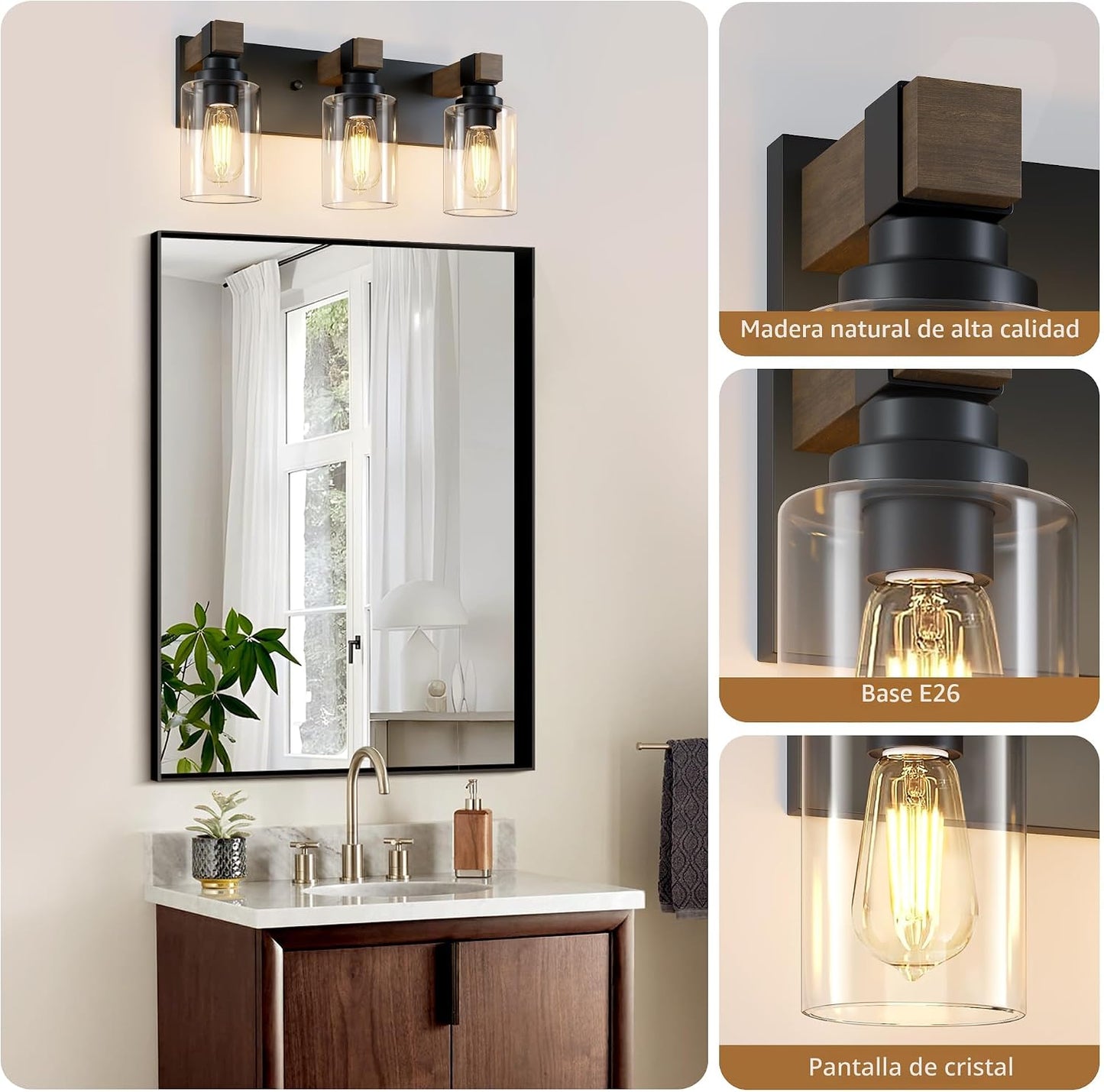 Iluminación baño rústica 3 luces madera negro aplique