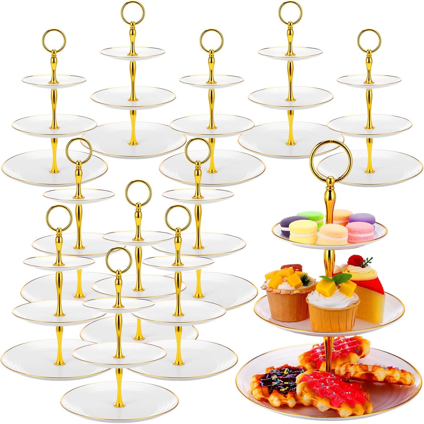 Set 12 soportes cupcakes 3 niveles plástico dorado