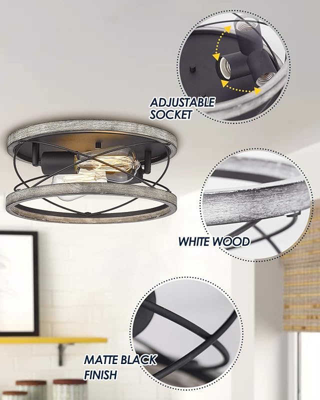 Lámpara techo madera 12" 2 luces sala cocina comedor